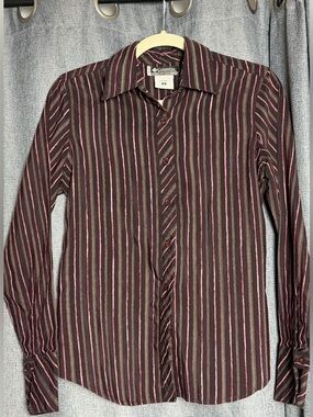 Columbia Button Up Shirt Women Small Brown Pink Striped Long Sleeve Cotton Blend